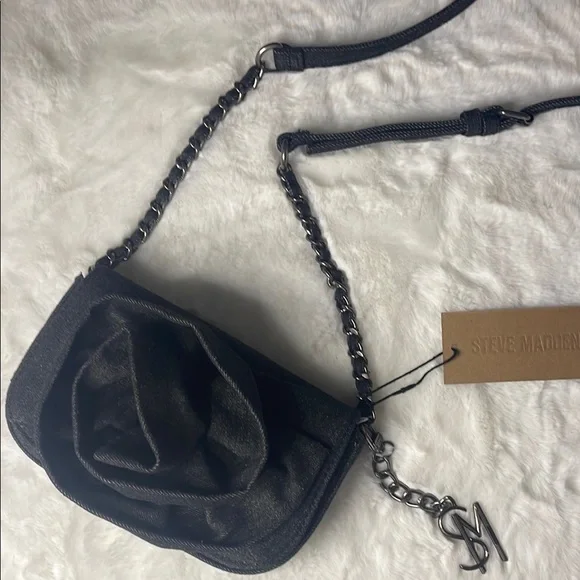 Steve Madden - Black/Charcoal Denim Borla Rose Bud Chain Crossbody - Picture 1 of 13